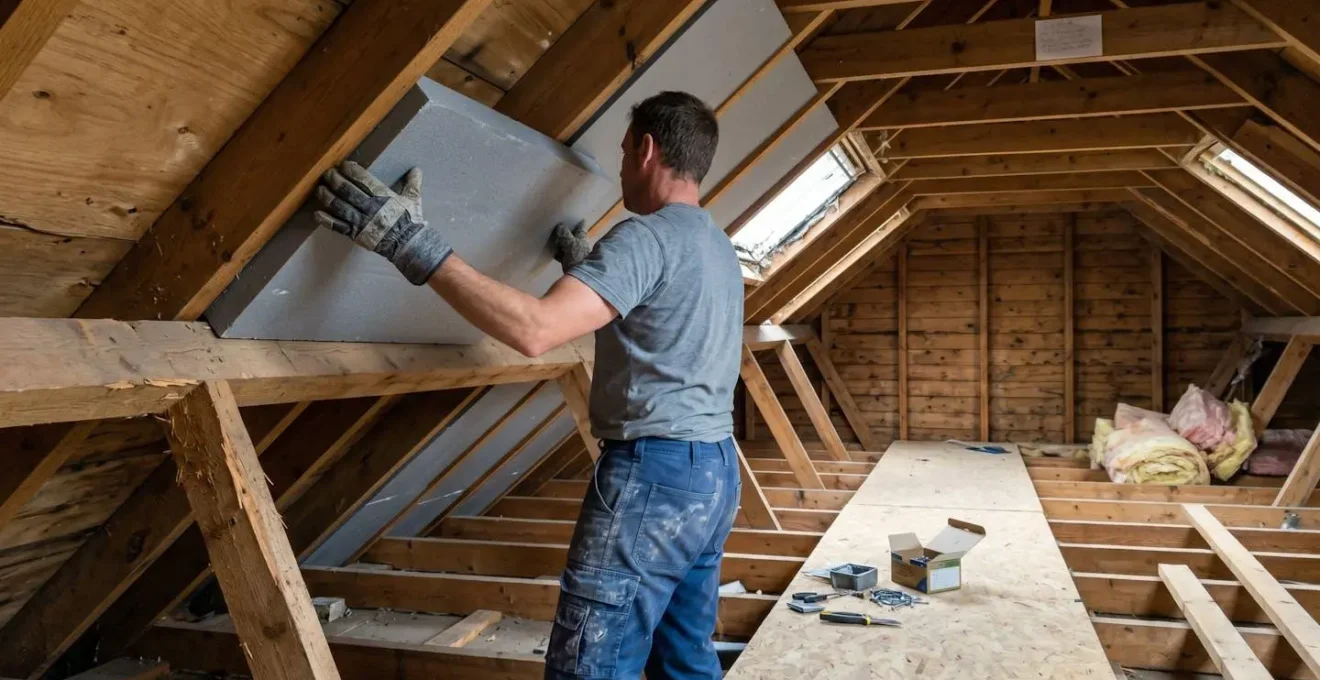 Un artisan en tenue de travail installe des panneaux d'isolation thermique dans des combles bien éclairés par la lumière du jour