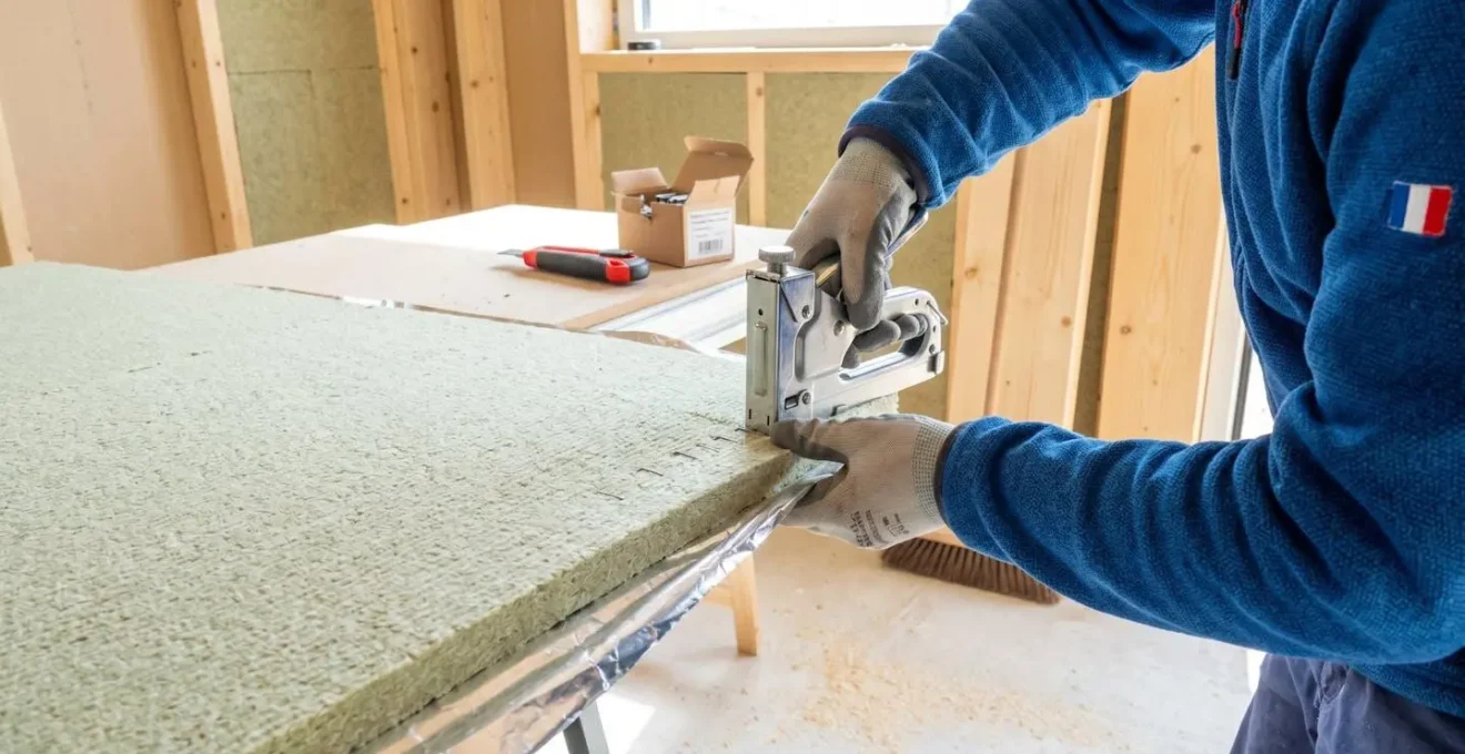 Artisan professionnel posant de l'isolation thermique dans une maison en rénovation, chantier propre et organisé, lumière naturelle