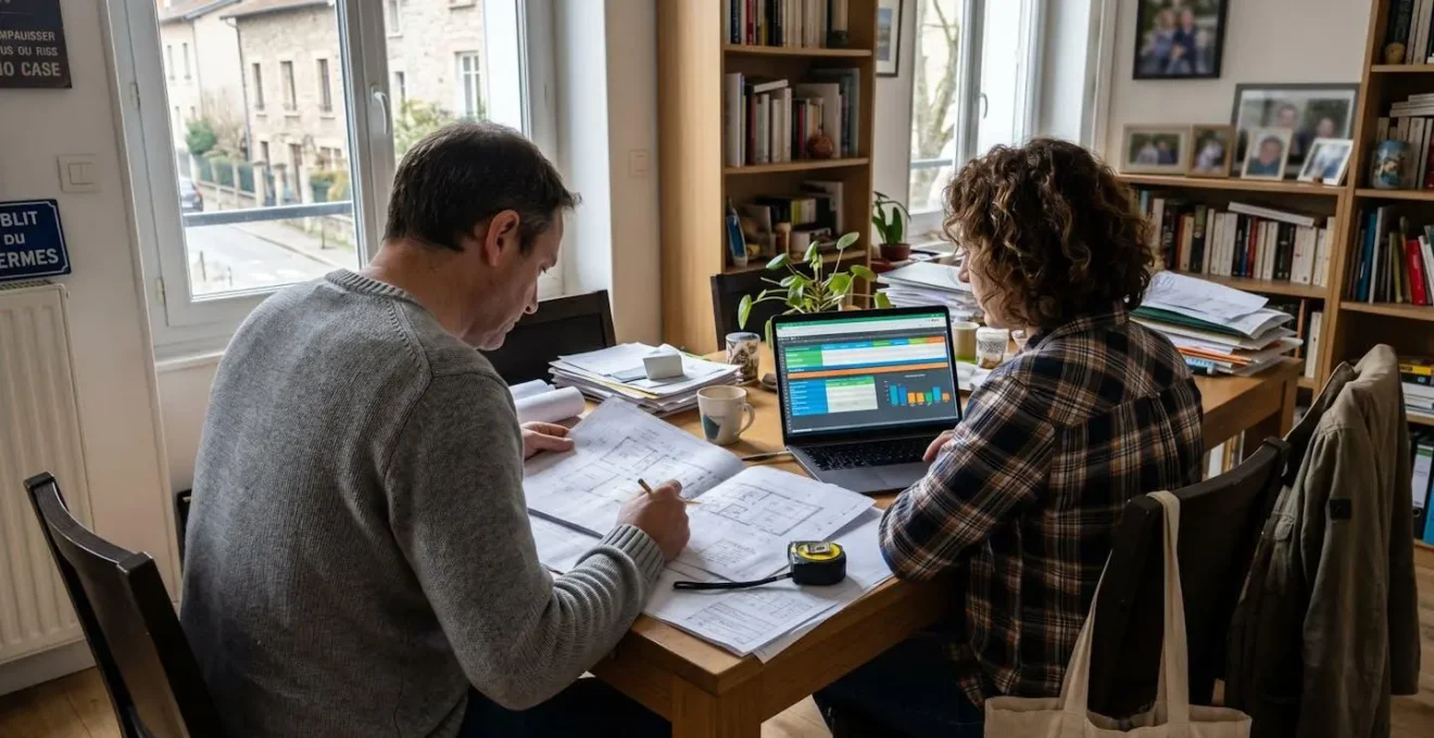 Un couple d'une quarantaine d'années consulte des plans de rénovation et des documents financiers sur une table de cuisine moderne baignée de lumière naturelle