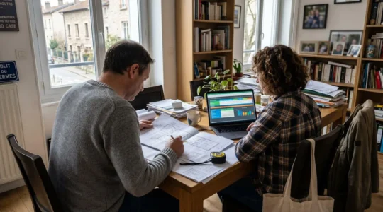 Un couple d'une quarantaine d'années consulte des plans de rénovation et des documents financiers sur une table de cuisine moderne baignée de lumière naturelle