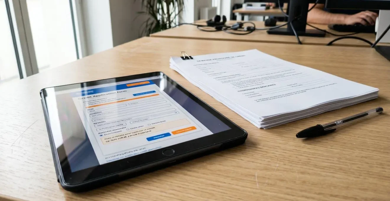 Gros plan sur une main tenant un stylet et remplissant un formulaire de demande de crédit sur une tablette numérique posée sur un bureau lumineux